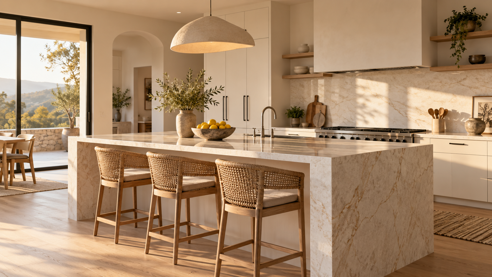 Warm modern kitchen with oak cabinetry and a marble island