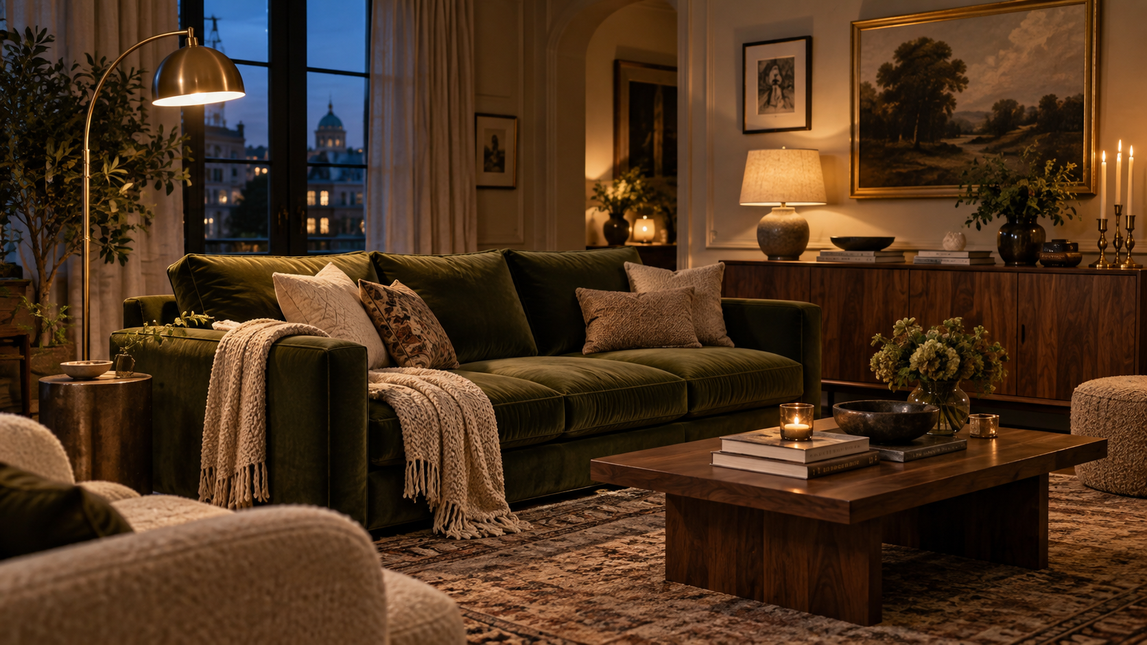 Modern living room with refined neutral colors and a strong focal point