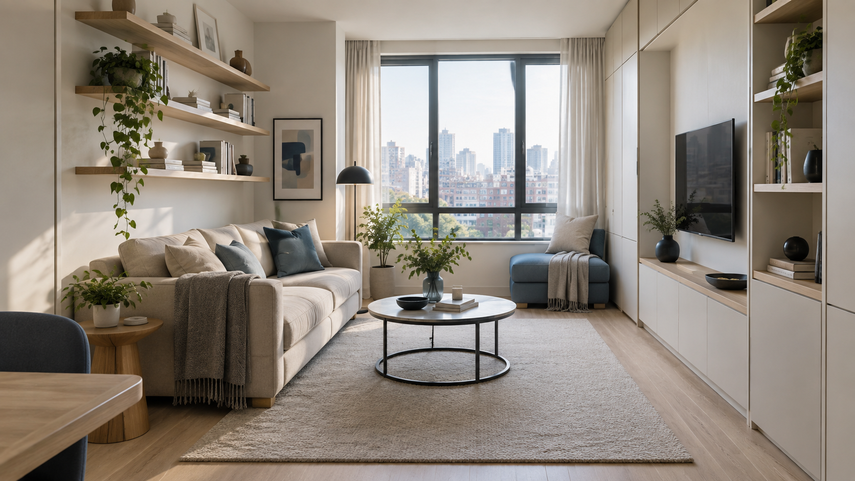Open-plan living room with warm accents and a connected dining area