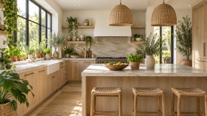 Warm kitchen design with natural textures and cozy details