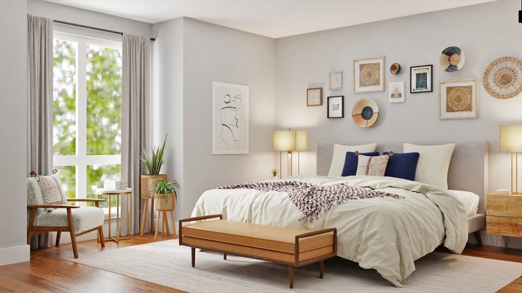 Cozy bedroom with warm neutral decor