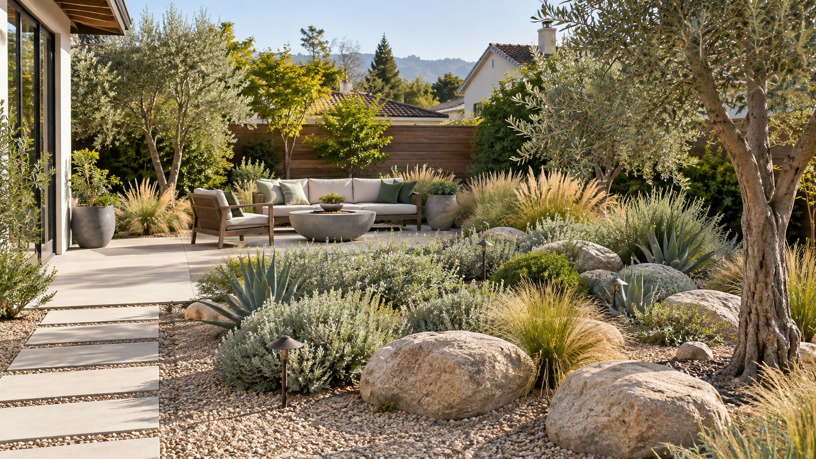 Modern garden path with geometric planting beds and outdoor seating