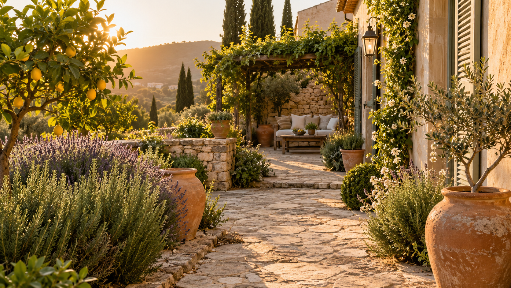 Small residential garden with a defined patio, planted border and comfortable seating