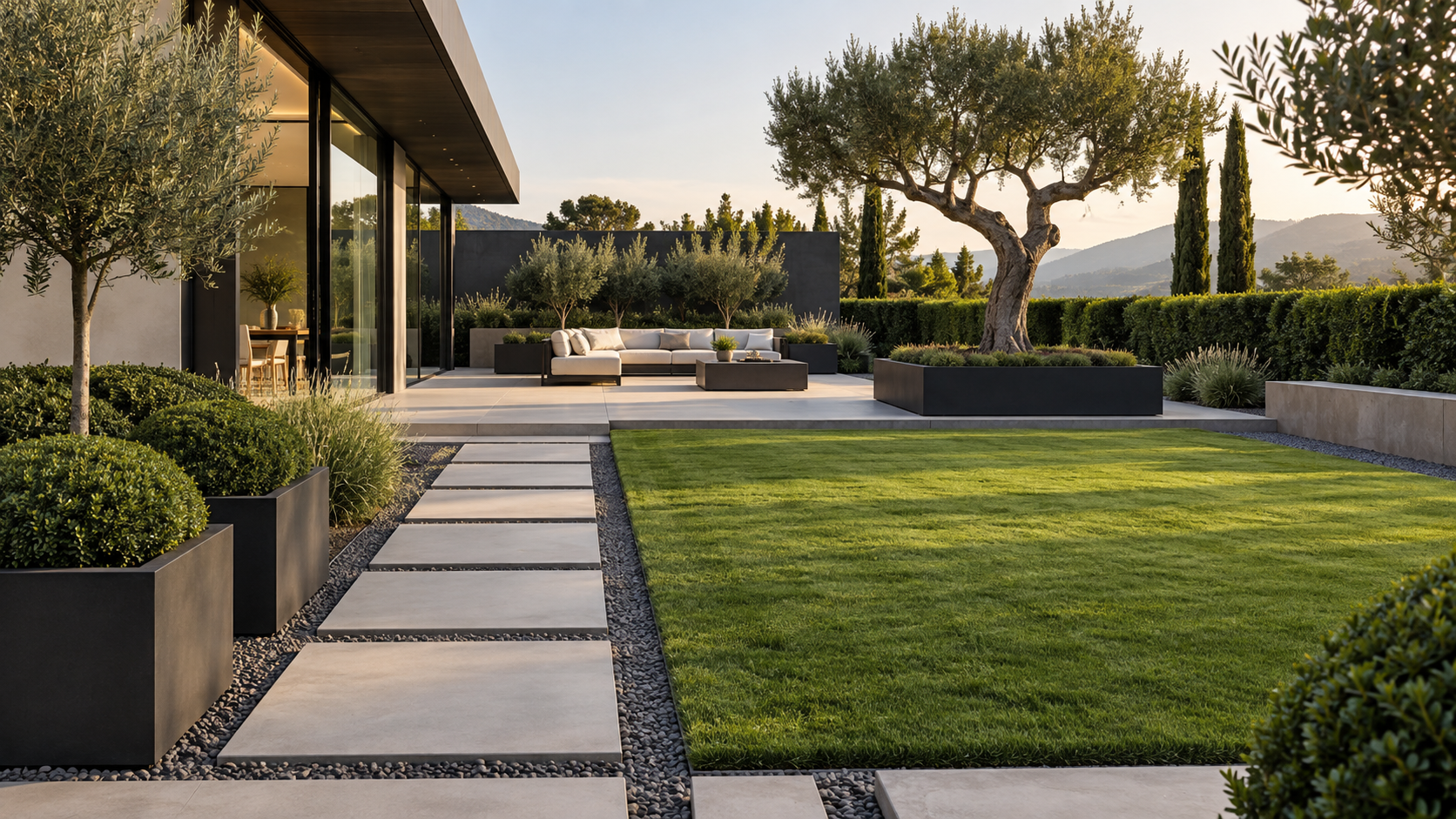 Low maintenance garden with gravel, ornamental grasses, shrubs and natural stone