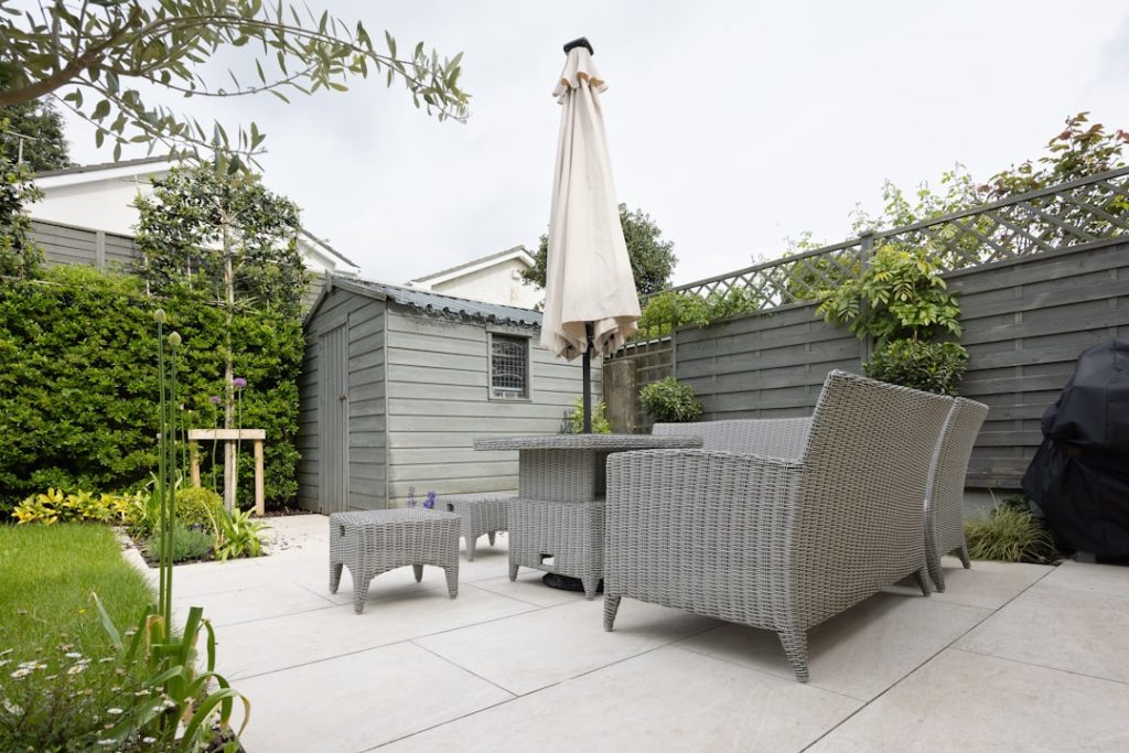 Landscaped garden patio with outdoor seating