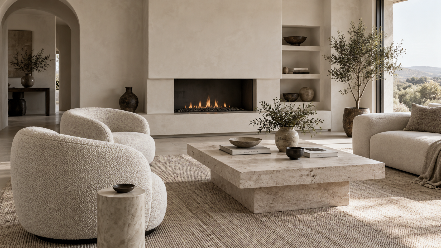 Elegant living room arrangement with layered textures and balanced furniture