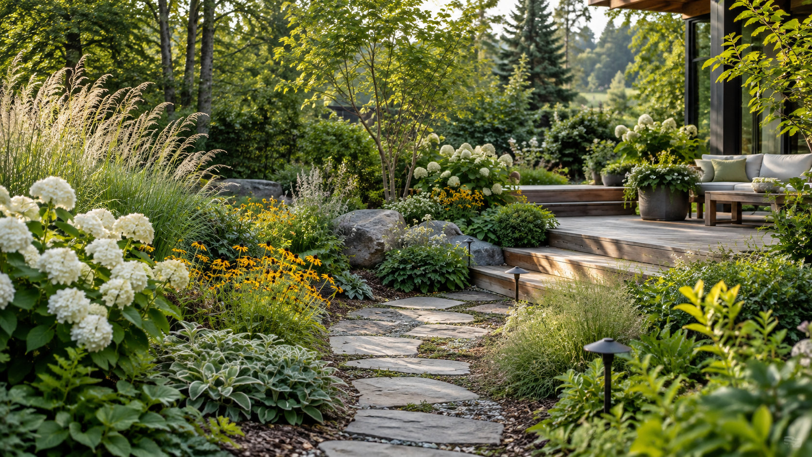 Lush Mediterranean garden with layered planting and a natural stone path