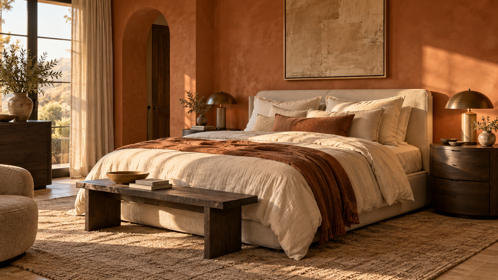 Small bedroom with built-in light wood storage, floating bedside table and neutral bedding
