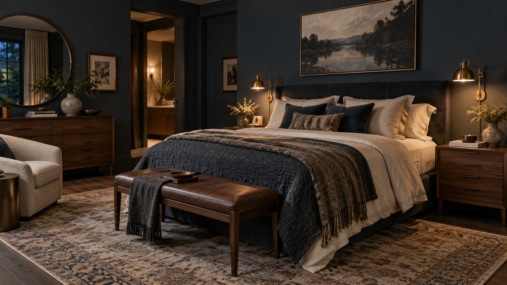 Coastal bedroom with woven headboard, pale blue textiles, oak furniture and airy curtains