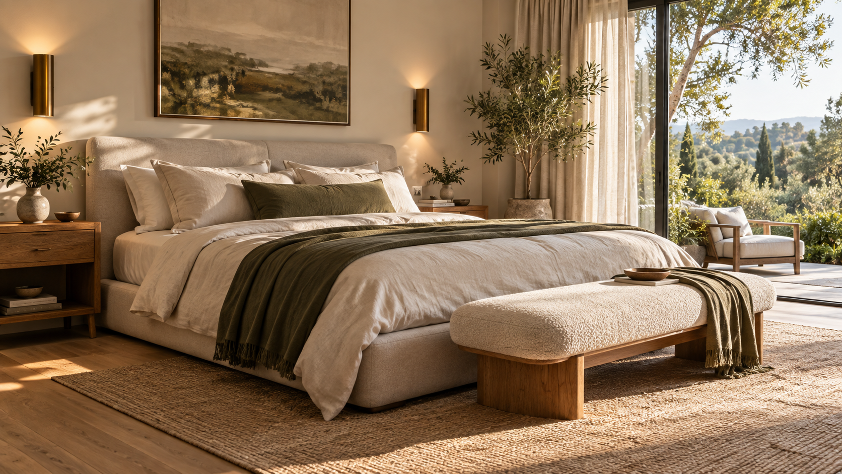 Warm contemporary bedroom with terracotta walls, cream bedding and dark wood furniture
