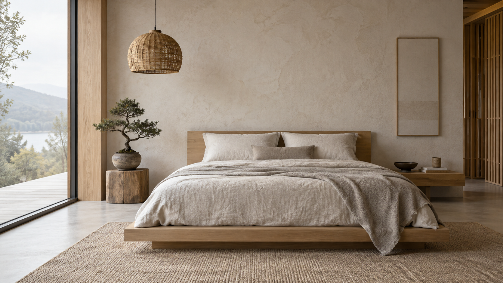 Boutique hotel inspired bedroom with curved upholstered headboard, neutral bedding and textured wall panels