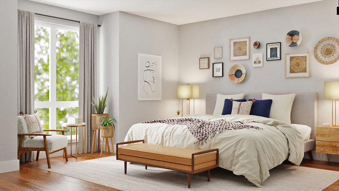Cozy villa bedroom with warm neutral decor and soft natural light