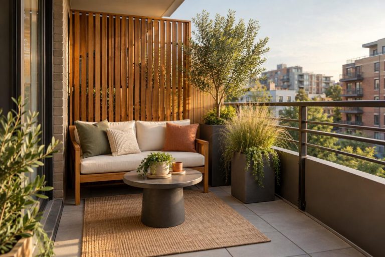 Small apartment balcony with a cedar slat privacy screen, tall planters, teak loveseat, and clear walkway