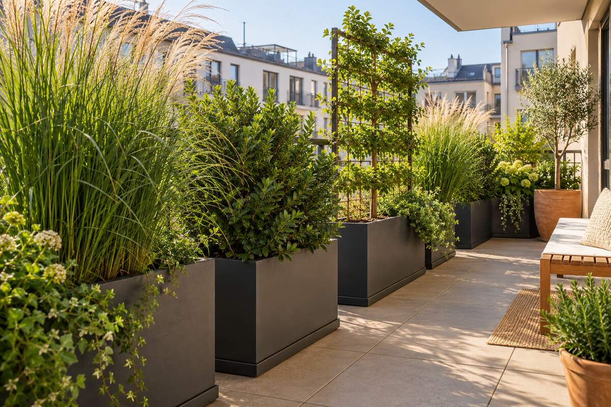 Tall ornamental grasses, evergreen shrubs, and an espalier plant creating a living privacy screen on a balcony