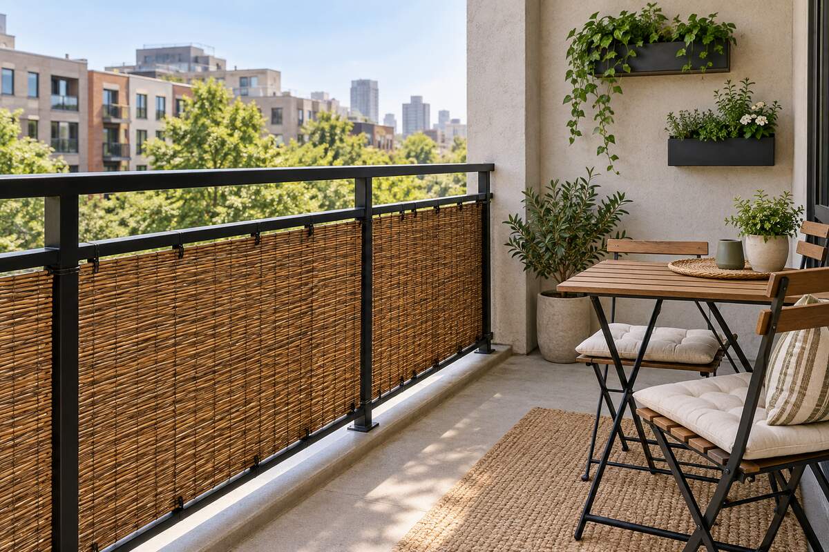 Woven balcony privacy panel secured inside a black metal railing beside a compact folding dining set