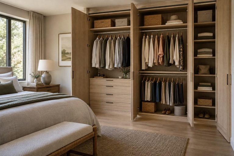 Organized bedroom closet with light oak cabinetry, double hanging sections, drawers, and woven storage baskets
