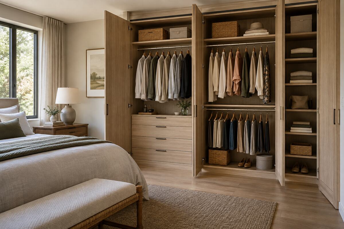 Organized bedroom closet with light oak cabinetry, double hanging sections, drawers, and woven storage baskets