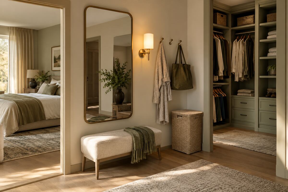 Bedroom dressing zone with a full-length mirror, upholstered bench, laundry hamper, hooks, and warm lighting