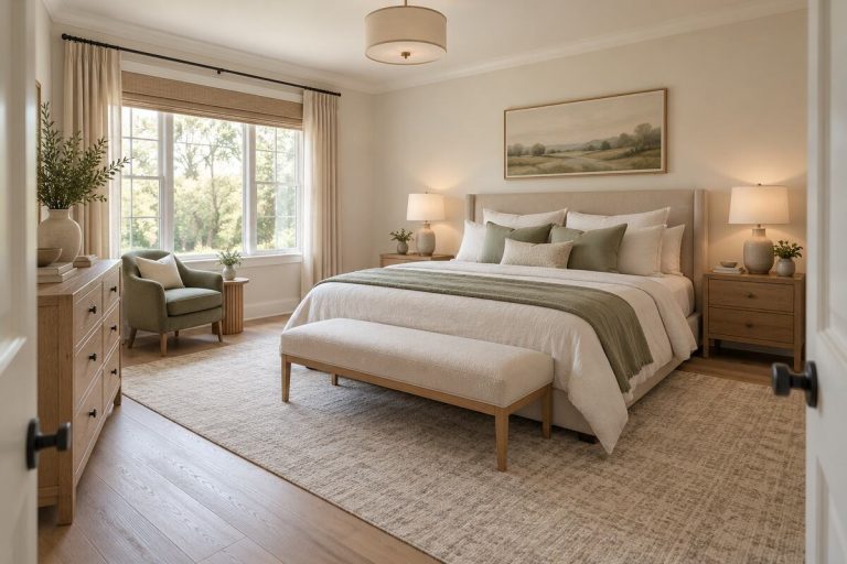 Balanced bedroom furniture layout with a centered bed, matching nightstands, dresser, bench, and clear walking paths