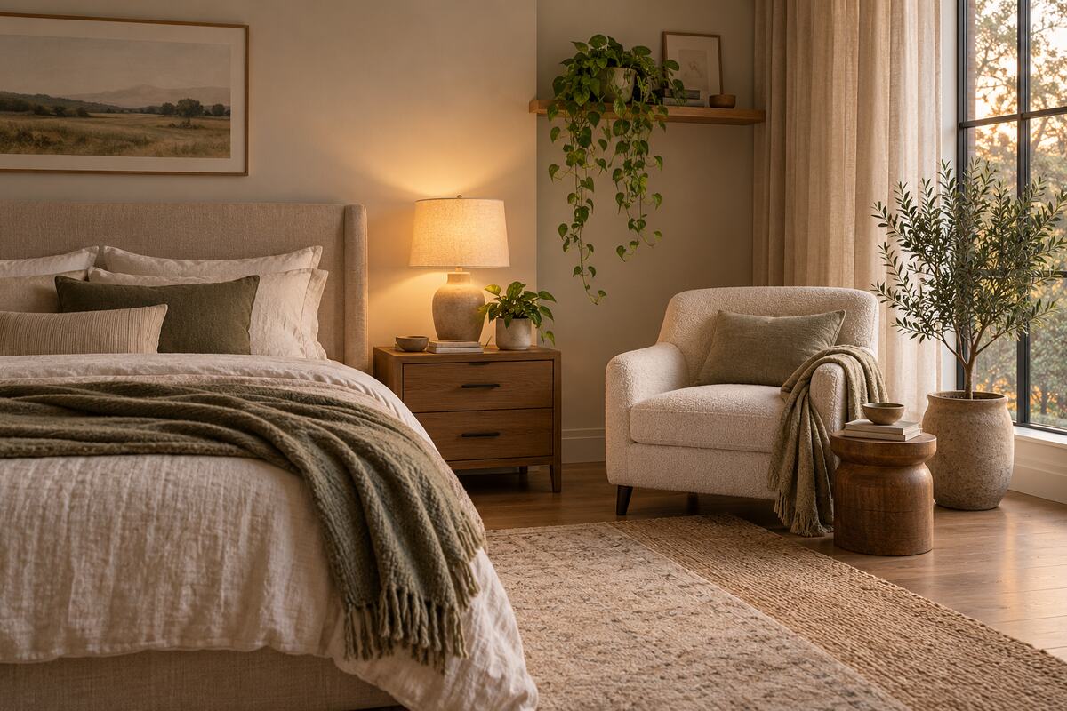 Serene neutral bedroom with a floor plant by the window and small plants near the bed
