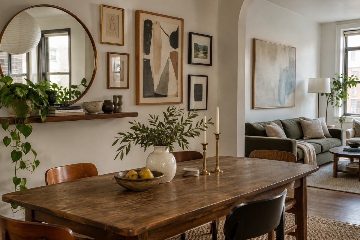 Curated budget gallery wall with mixed thrifted frames, a round mirror, simple ceramics, and indoor plants