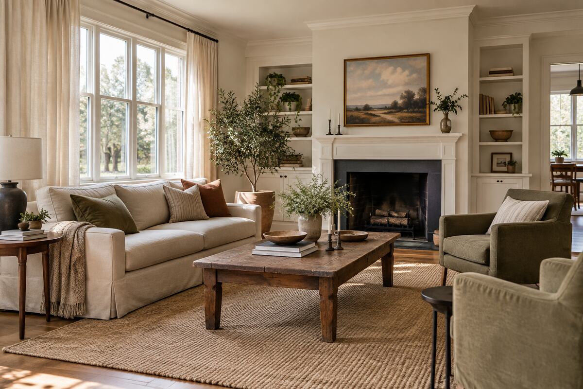 Refined budget living room makeover with rearranged furniture, a vintage wood table, linen curtains, and warm neutral decor
