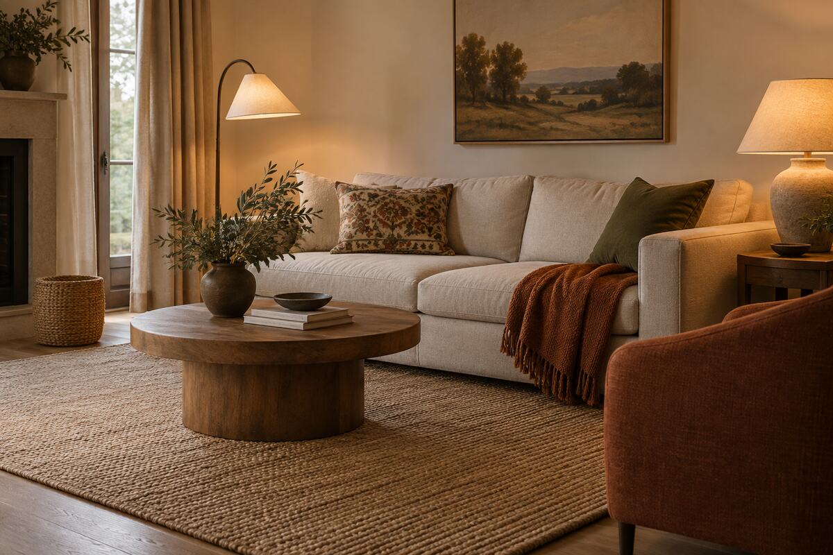 Cozy living room updated with an affordable woven rug, textured throw, coordinated cushions, and layered lamps