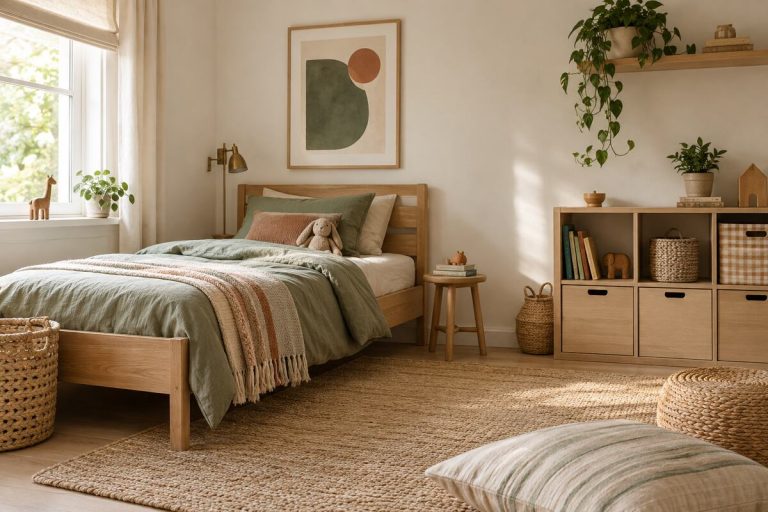 Calm kids' room decor with an oak bed, sage bedding, modular storage, and warm natural light