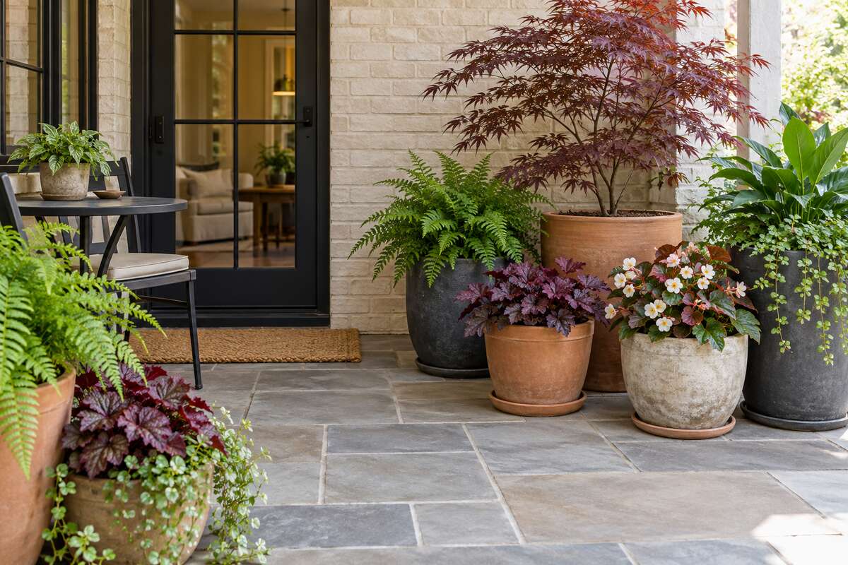 Small covered patio with terracotta and stone containers planted with ferns, heuchera, begonias, and Japanese maple