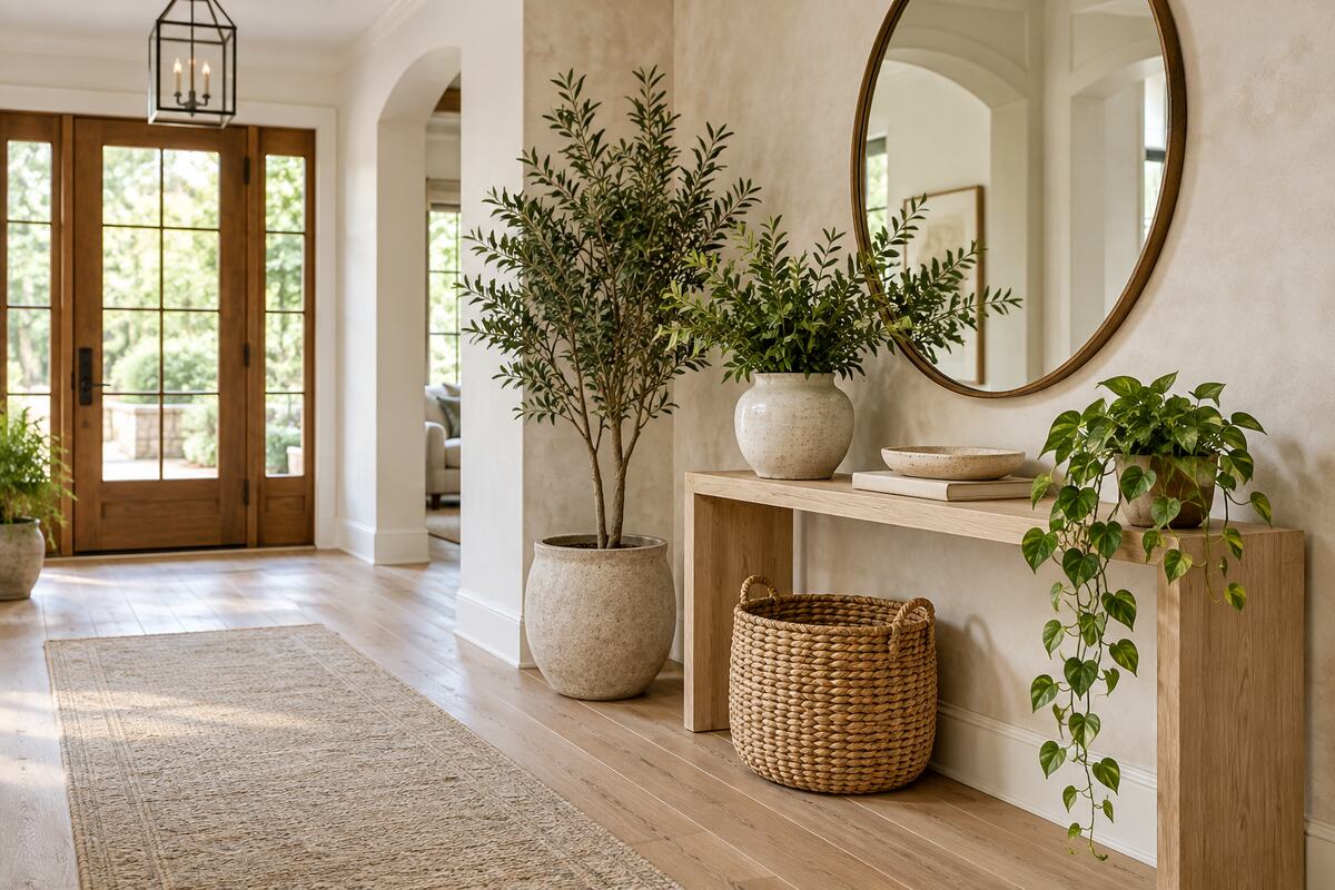 Elegant entryway console styled with a tall indoor tree, ceramic potted plant, and trailing greenery