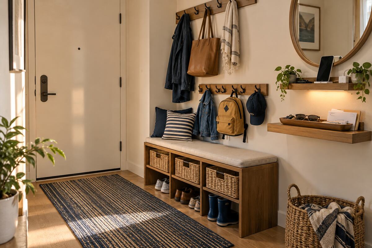 Compact family entryway drop zone with cubby bench, baskets, hooks, and charging shelf