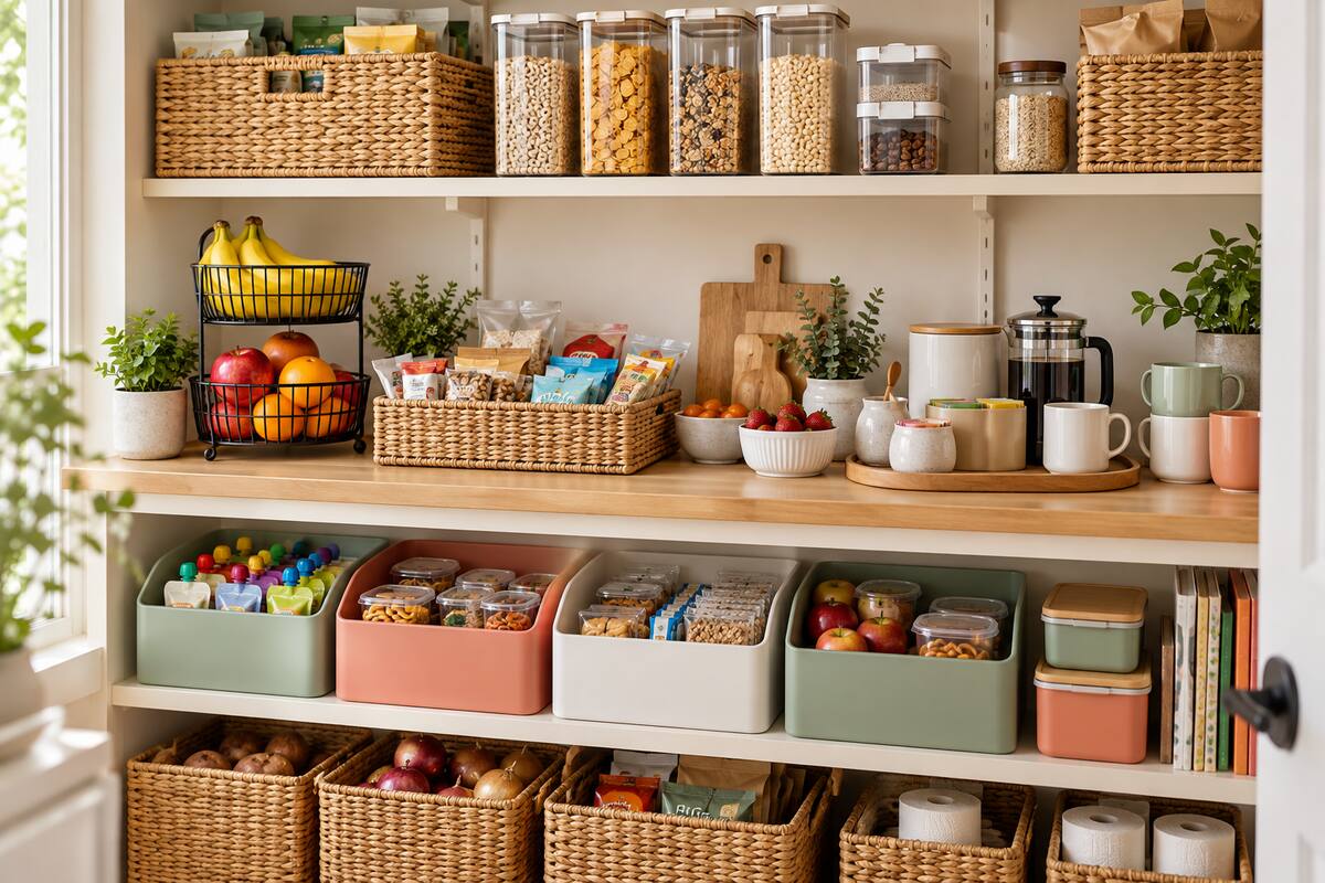 Family pantry snack and breakfast station with fruit baskets, cereal containers, mugs, and child-accessible bins