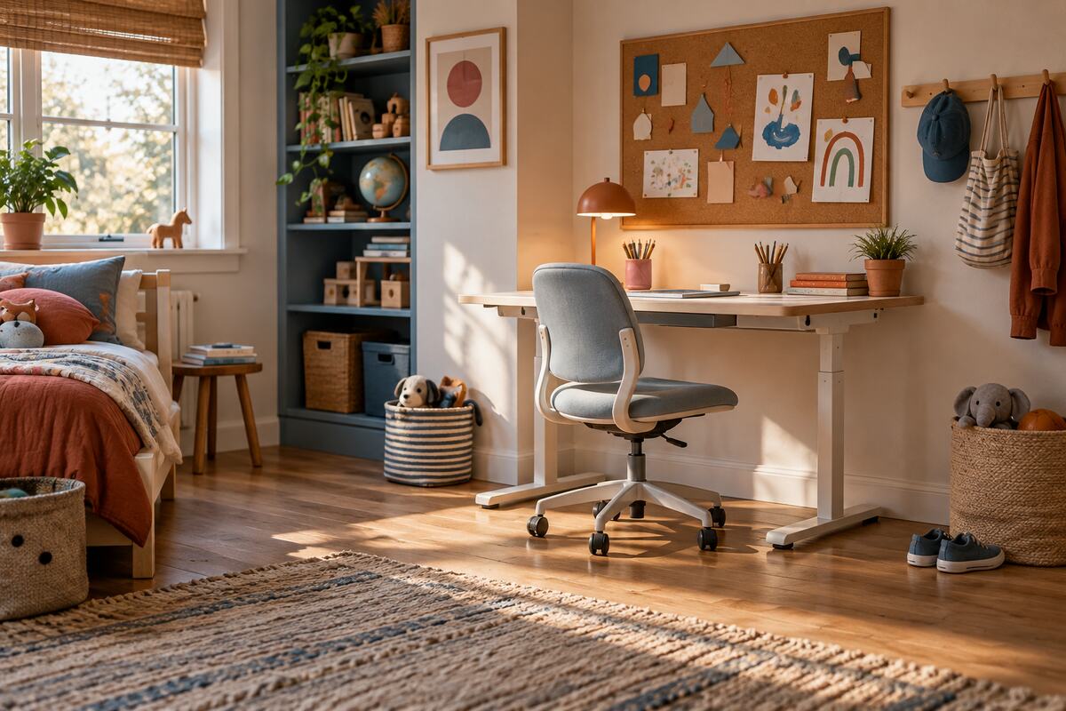 Flexible kids' study zone with an adjustable desk, supportive chair, task lamp, and creative display board