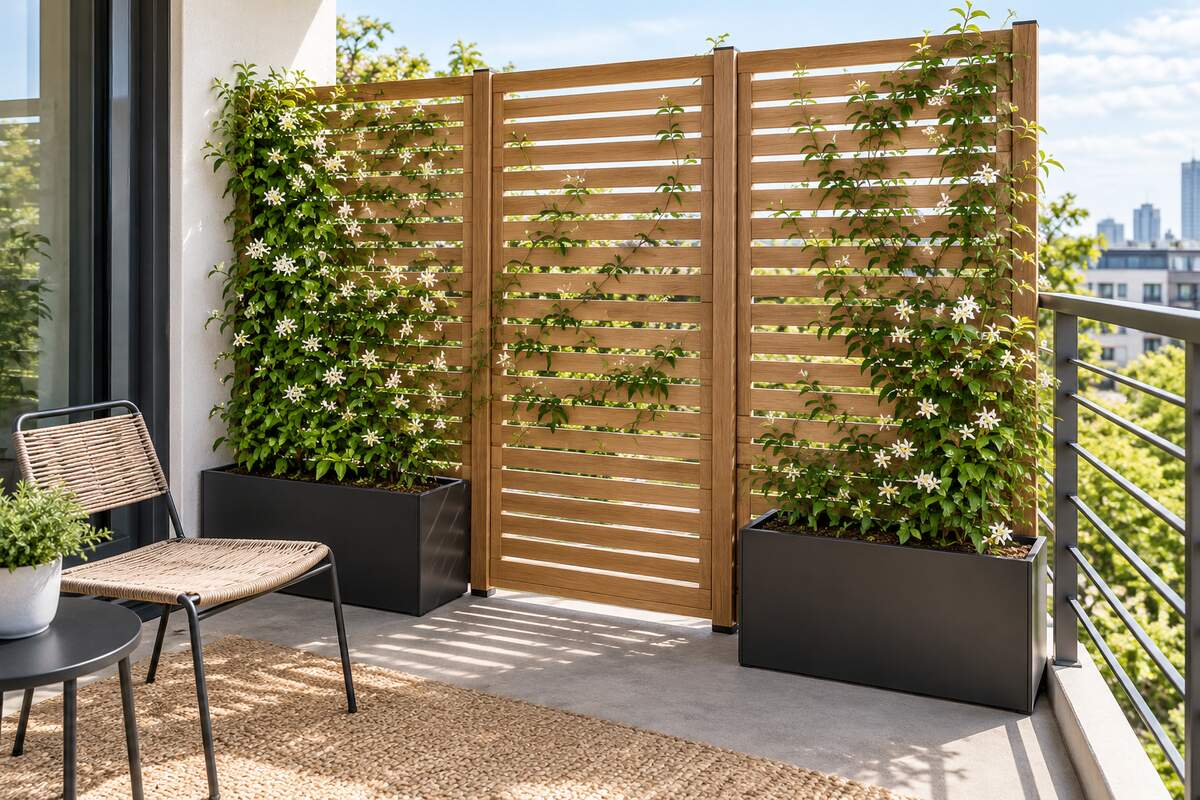 Renter-friendly freestanding slatted balcony privacy screen supported by two heavy planter bases