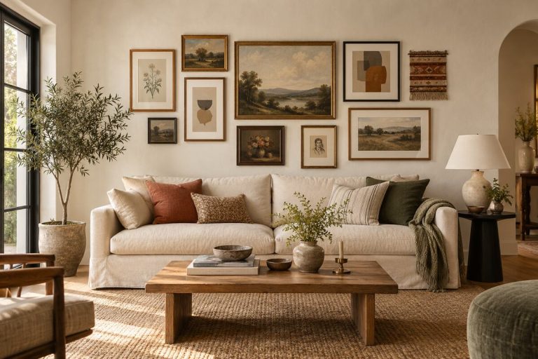 Balanced gallery wall above a cream sofa with landscape art, abstract prints, and mixed wood and black frames