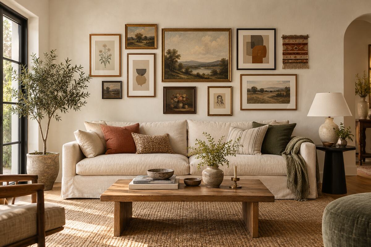 Balanced gallery wall above a cream sofa with landscape art, abstract prints, and mixed wood and black frames