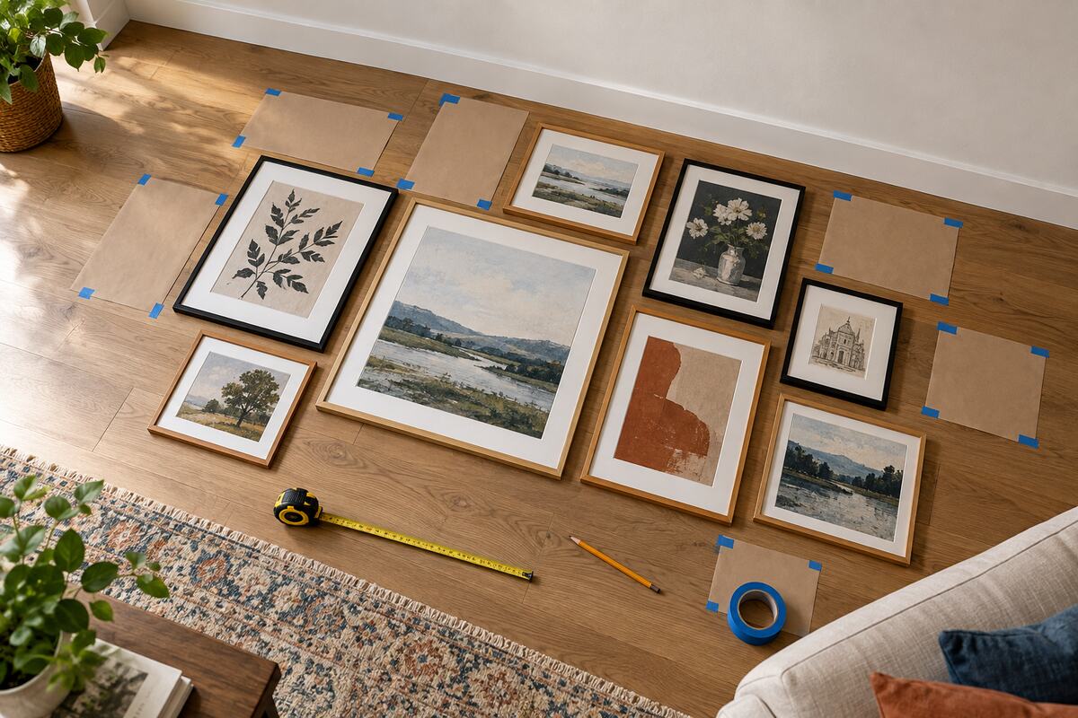Gallery wall frames arranged on an oak floor with measuring tape, paper templates, pencil, and painter's tape