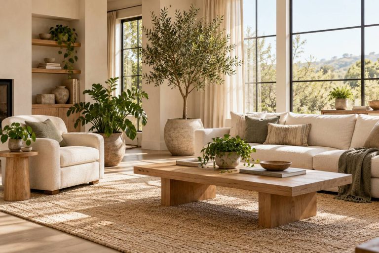 Warm modern living room styled with an indoor tree and layered green plants in neutral planters