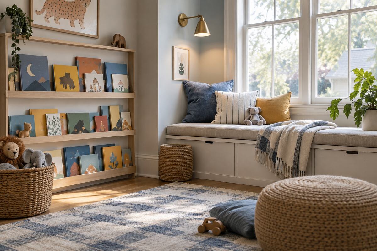 Cozy kids' reading corner with front-facing bookshelves, a window bench, and woven baskets