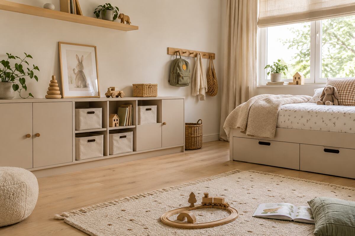 Organized children's bedroom with low cabinets, fabric bins, under-bed drawers, and child-height hooks