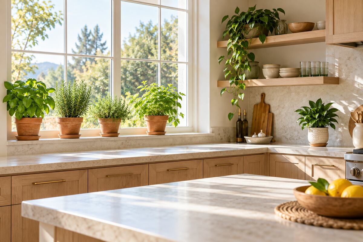 Warm modern kitchen with culinary herbs in terracotta pots and a trailing plant on an open shelf