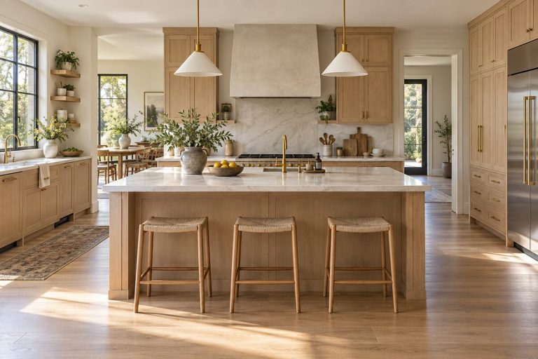 Warm modern kitchen island with clear walkways, light oak cabinetry, stone countertop, and pendant lights
