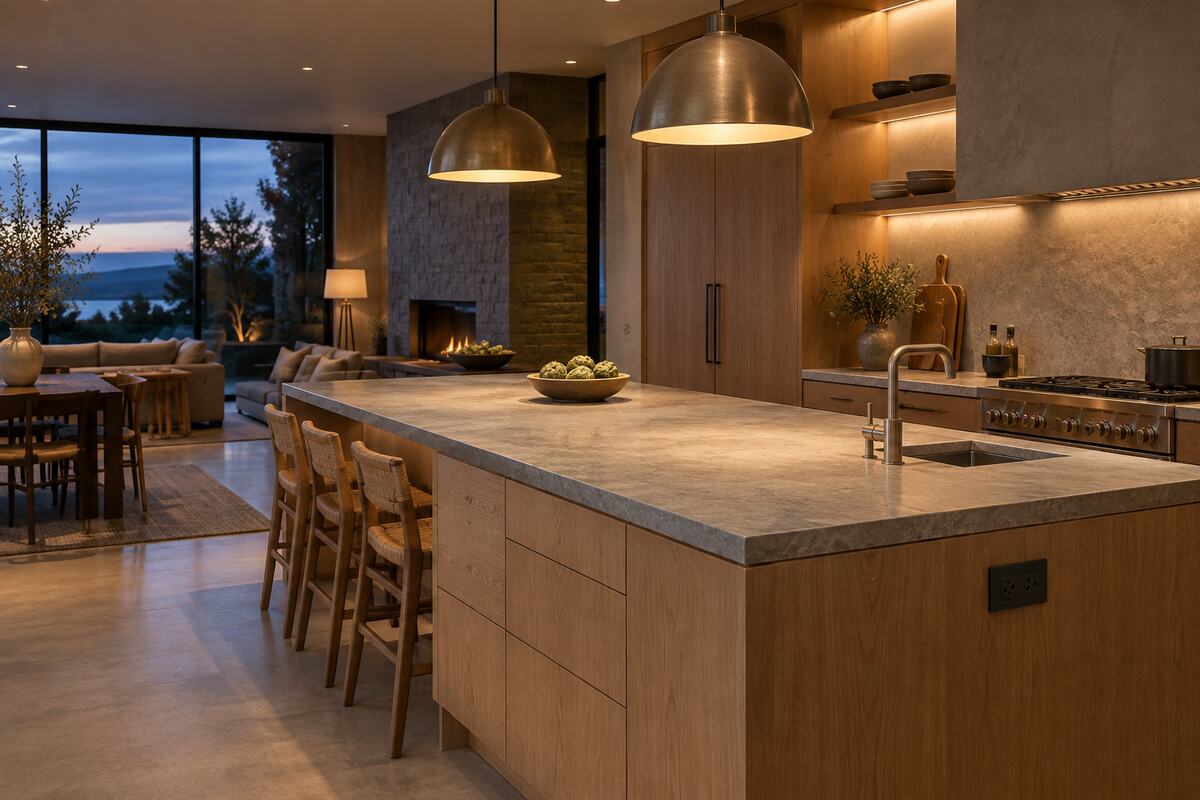 Multifunction kitchen island with warm pendant lighting, a prep sink, storage drawers, and integrated outlets
