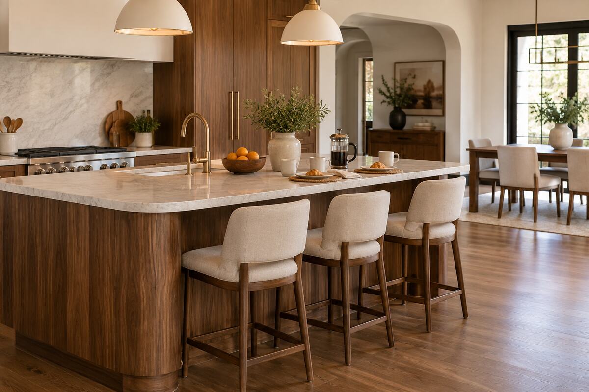 Kitchen island seating with a generous overhang, supportive stools, rounded corners, and clear circulation