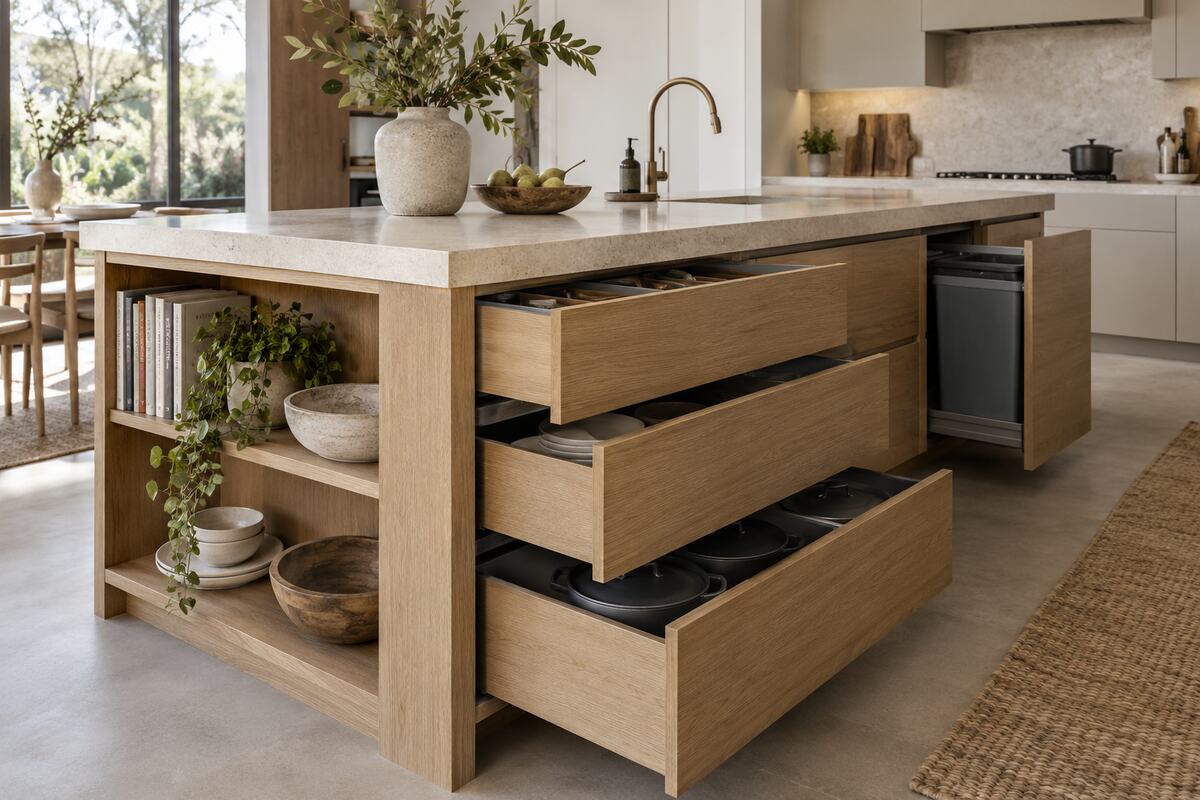 Functional kitchen island with deep drawers, open end shelving, and concealed recycling storage