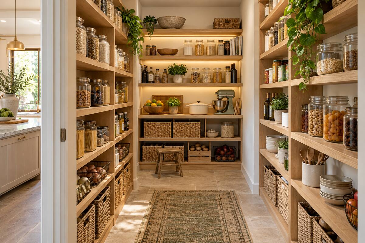 Organized walk-in kitchen pantry with oak shelves, glass jars, woven baskets, small appliances, and a clear walkway
