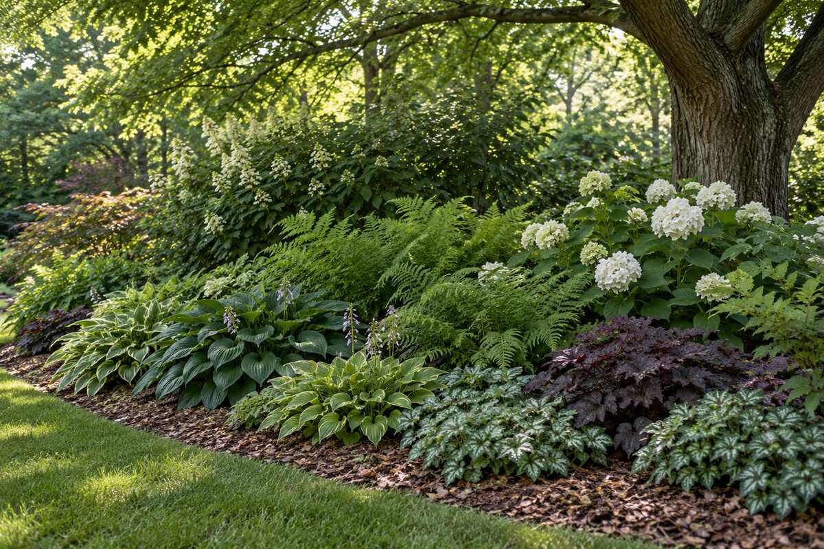 Layered shade garden border with shrubs, ferns, hostas, groundcovers, and white hydrangeas beneath a mature tree