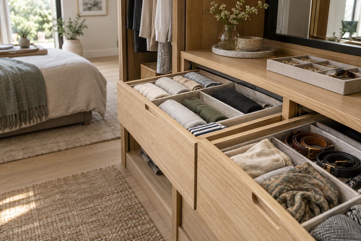Organized wardrobe drawers with fabric dividers for folded clothes, belts, scarves, and jewelry