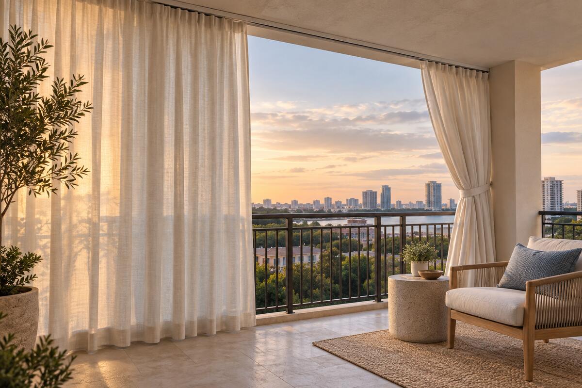 Weather-resistant ivory outdoor curtains on a ceiling track creating soft privacy on a covered balcony