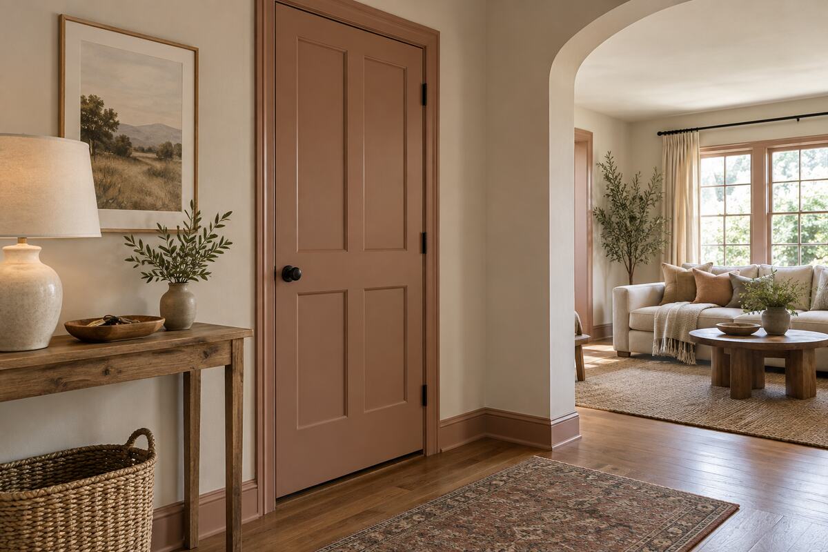 Budget paint makeover with a muted clay door and trim, warm neutral walls, and a simply styled entry console
